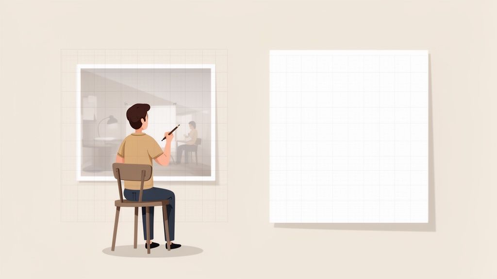 A person uses the grid method to draw, looking at a transparent grid over a reference image.