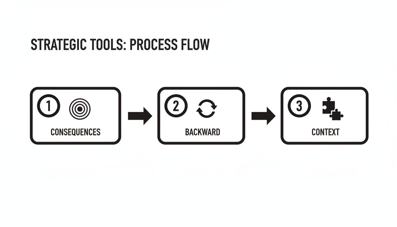 A strategic process flow diagram illustrating three key steps: Consequences, Backward, and Context.