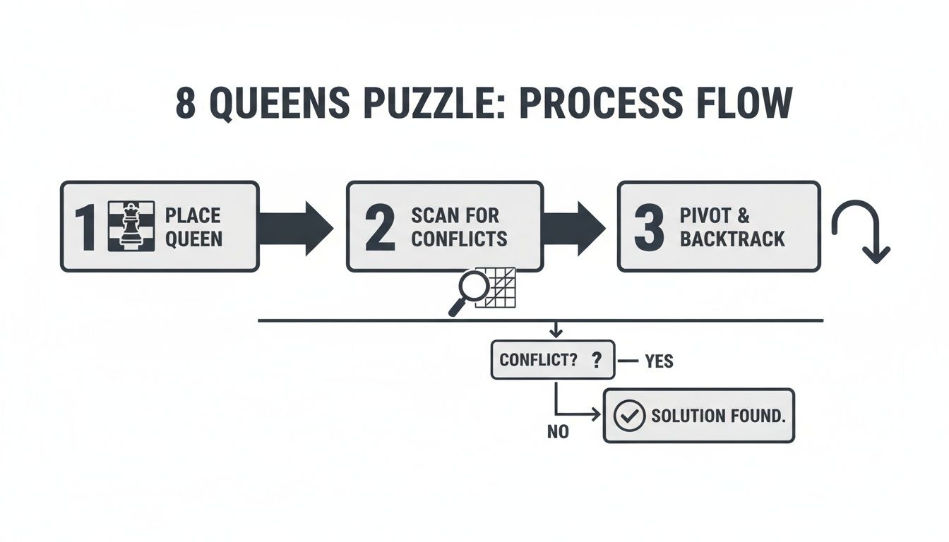 Flowchart illustrating the 8 Queens Puzzle solution process: place queen, scan conflicts, pivot, backtrack.