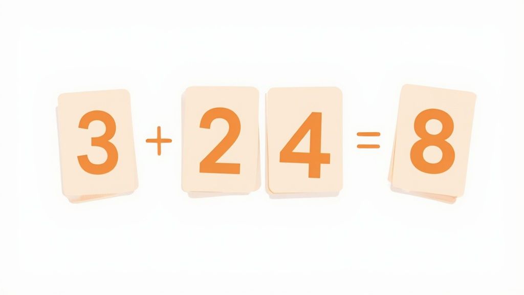 Orange number cards on a white background show the math problem: 3 + 24 = 8.