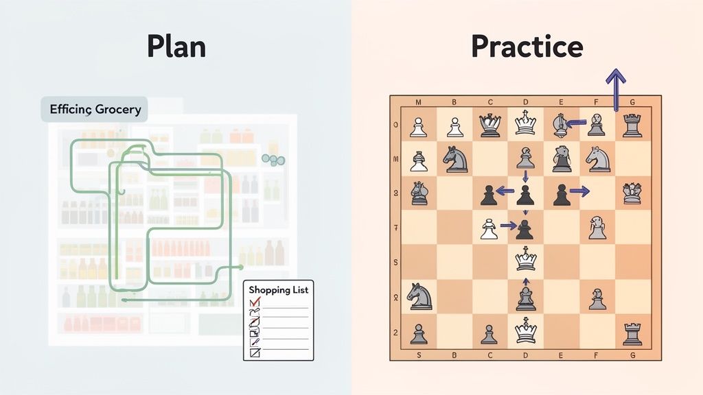 Two panels illustrate algorithmic thinking: a planned grocery store route and a strategic chess game.