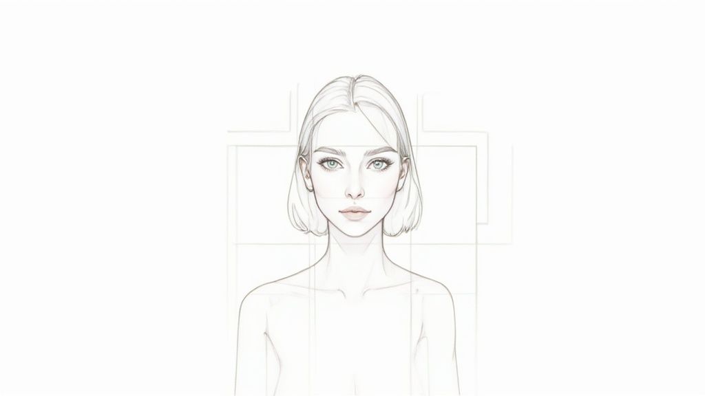 A detailed front-facing sketch of a woman with short hair and grid lines for artistic reference.