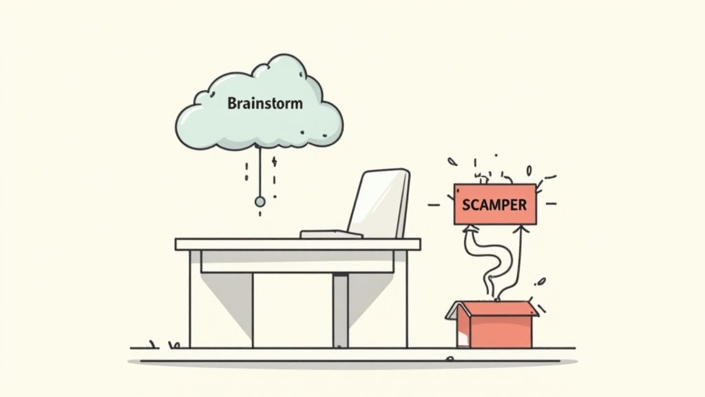 A cartoon illustration showing brainstorming ideas from a cloud onto a laptop, and the SCAMPER method emerging from a box.