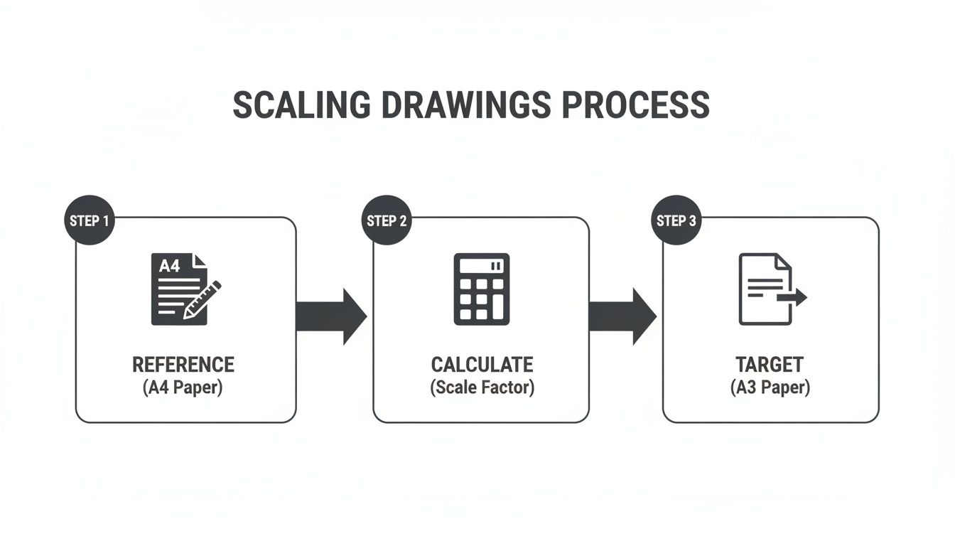 Infographic showing a three-step process for scaling drawings, from A4 reference to A3 target paper.