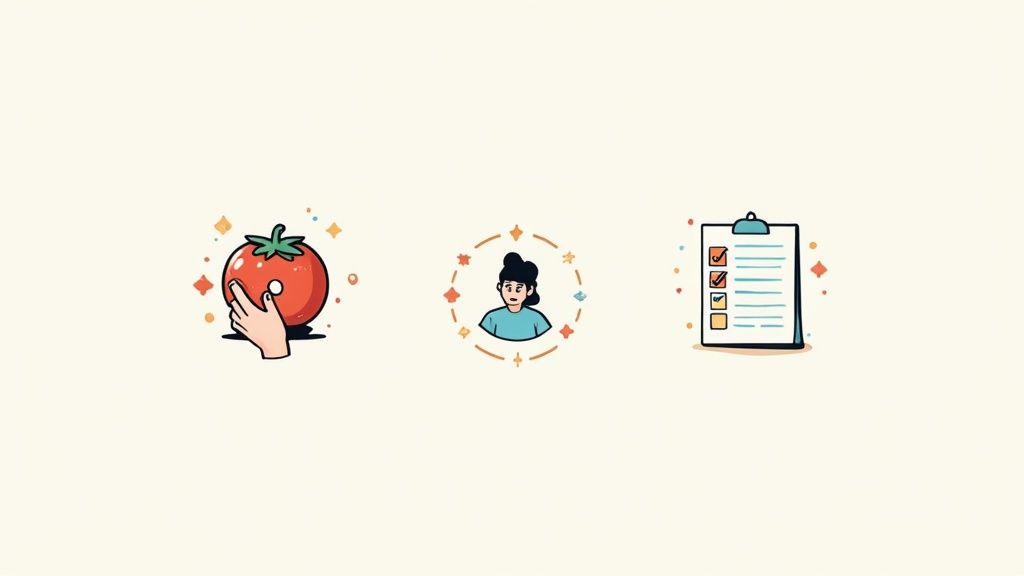 Three illustrations depict a hand touching a tomato, a person's bust, and a clipboard with a checklist.