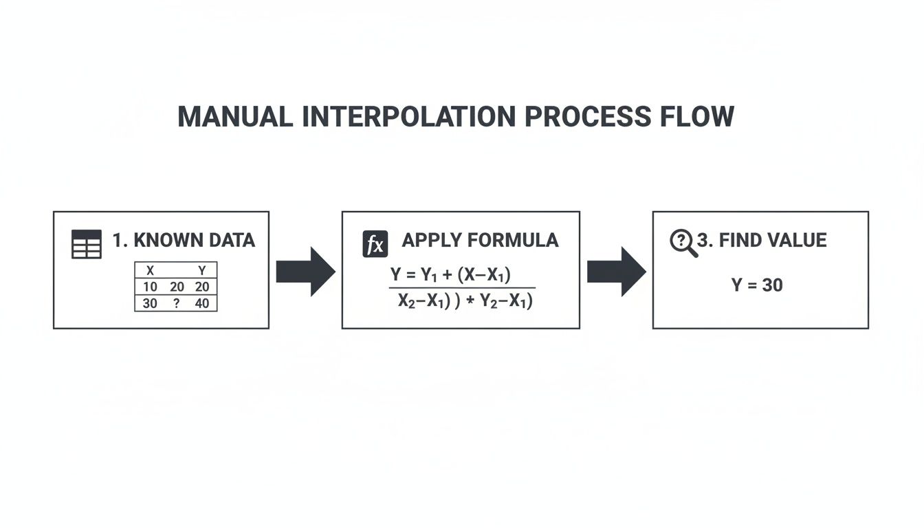 Flowchart illustrating the manual interpolation process: known data, apply formula, and find the interpolated Y value.