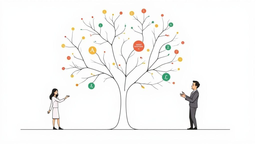 Two business people by a decision tree with colorful symbols, representing choices or data.