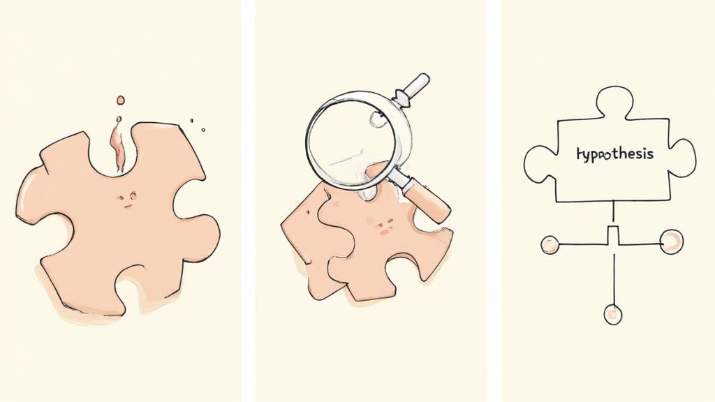 Illustrative panels show a broken puzzle piece, magnifying glass investigation, and a hypothesis flowchart for problem-solving.