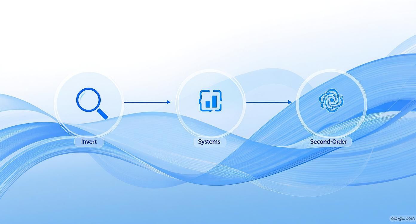 Diagram showing three stages for strategic thinking: Invert, Systems, and Second-Order concepts.