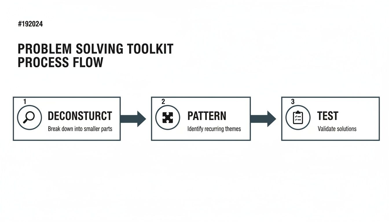 A problem-solving toolkit process flow illustrating three steps: Deconstruct, Pattern, and Test.