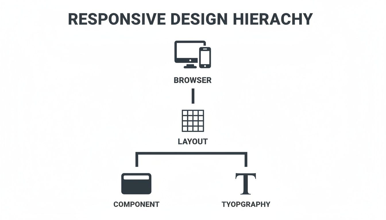 A responsive design hierarchy diagram showing browser, layout, component, and typography elements.