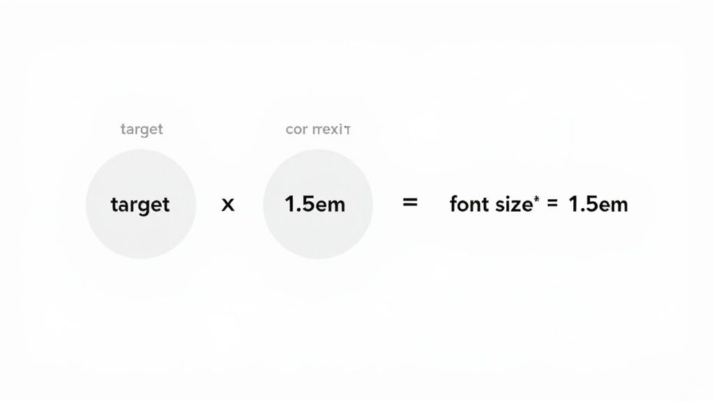 An equation showing a 'target' value multiplied by '1.5em' to determine the resulting font size.