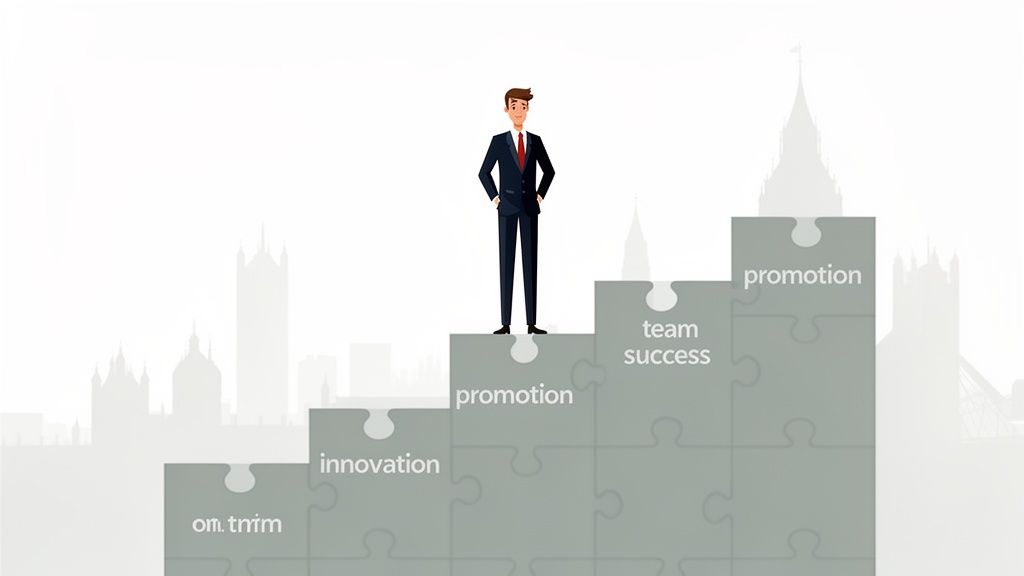 A businessman stands on puzzle piece steps labeled with career success factors like innovation and promotion.