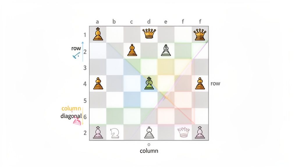 A chess-like board illustrating the N-queens problem, highlighting rows, columns, and diagonals with pieces.