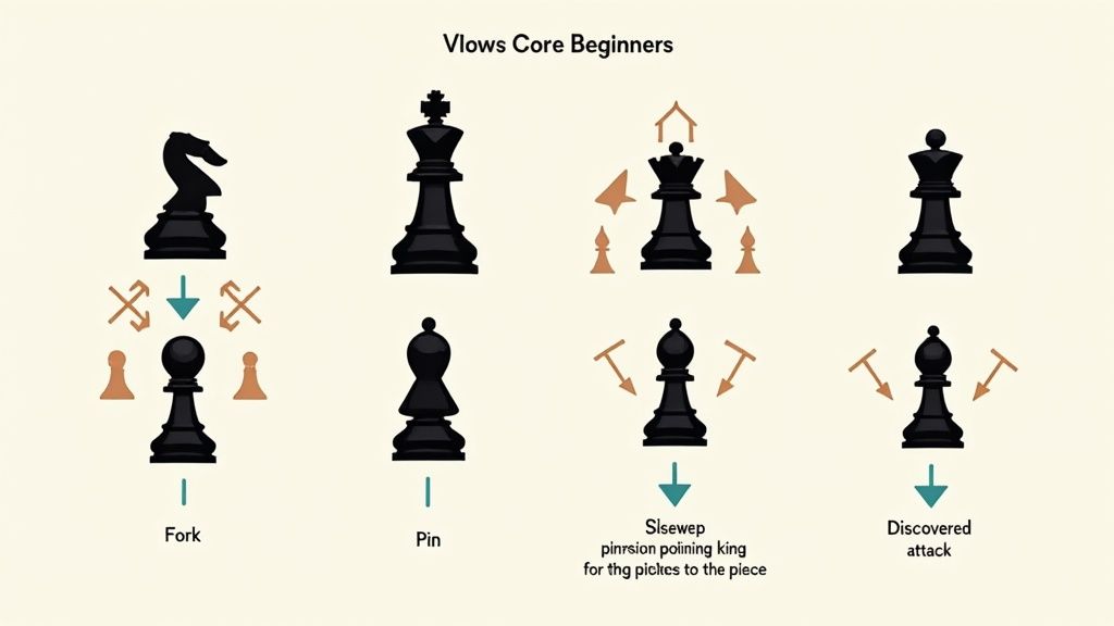 Chess diagrams illustrating fundamental tactics: fork, pin, skewer, and discovered attack for beginners.