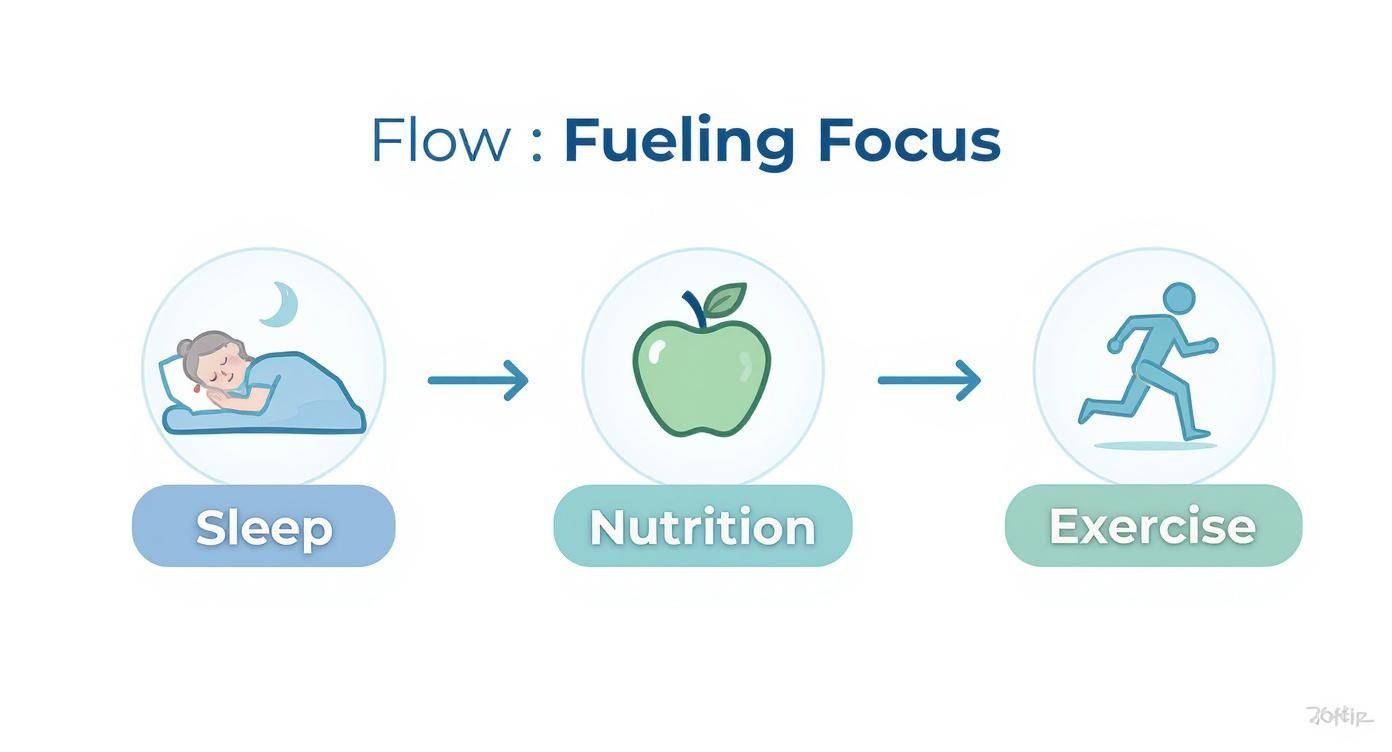 Infographic showing a flow from sleep, nutrition, and exercise, essential for improving focus.