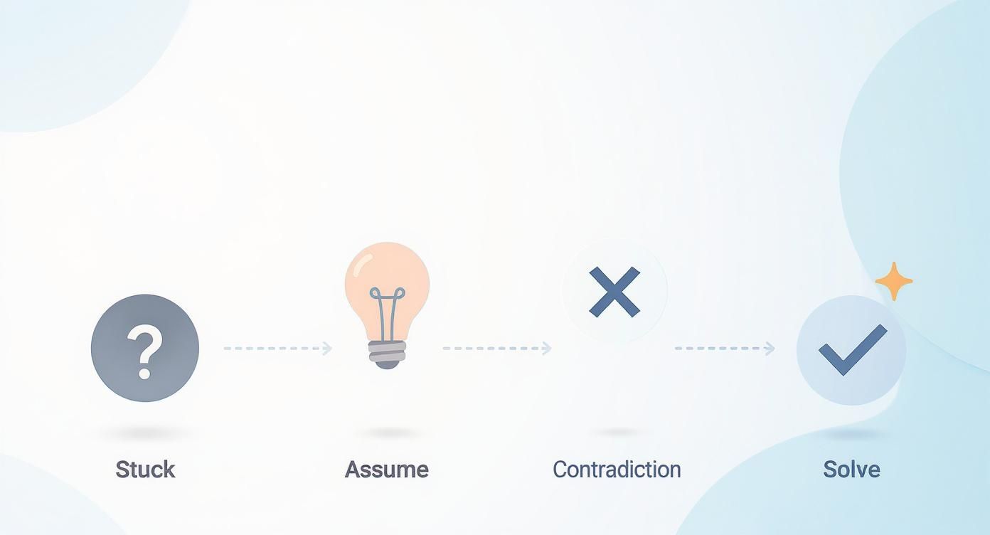 Visualizing a problem-solving method from being stuck to solving through assumption and contradiction.