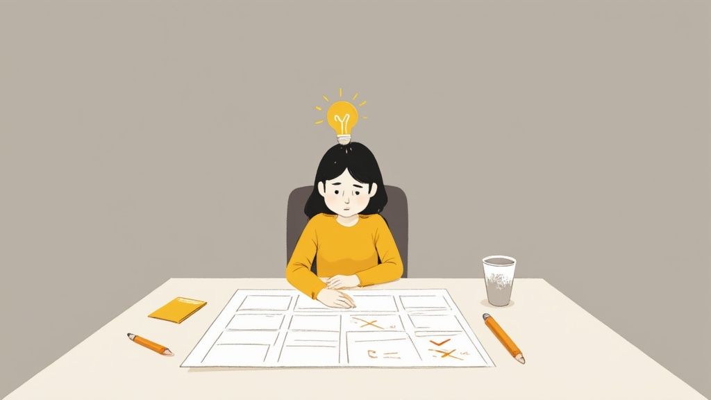A woman with a glowing idea light bulb above her head sits at a desk, looking at a grid of puzzles.