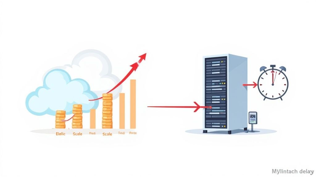 Visual comparison of cloud computing's scalable benefits against on-premise infrastructure's potential delays.