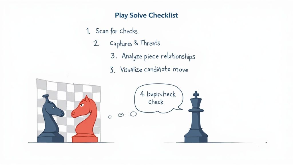A 'Play Solve Checklist' for chess with steps for analyzing moves, next to cartoon chess pieces.