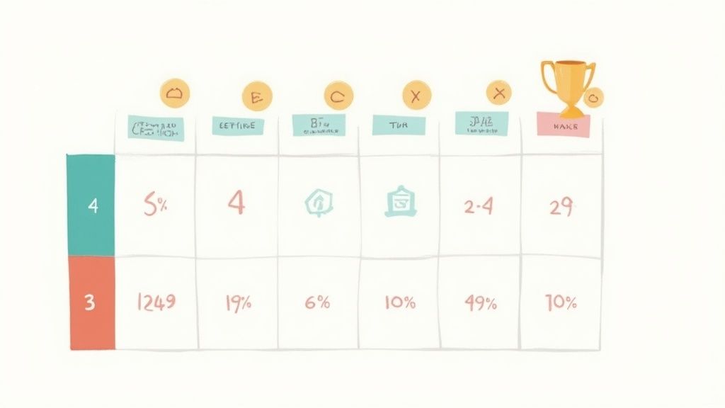 Handwritten table displaying various data points with numerical and percentage values, including a trophy icon.