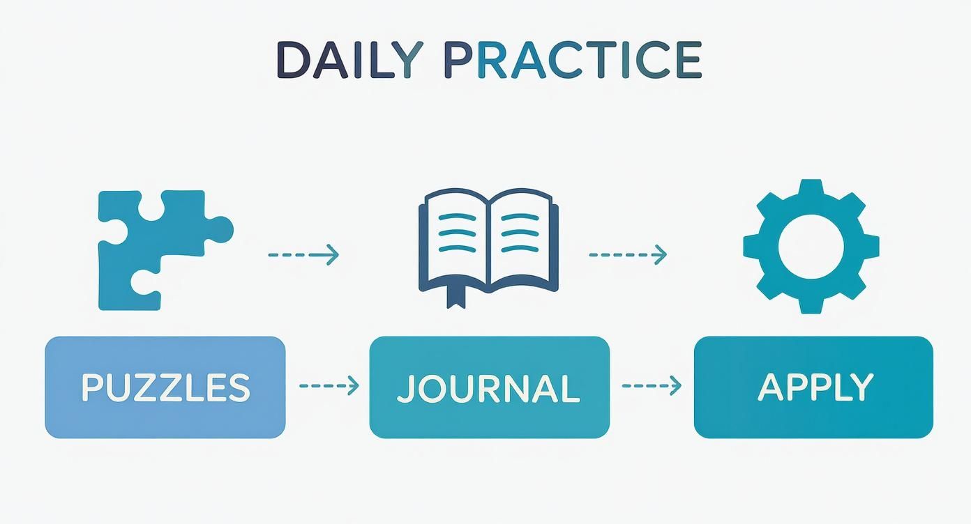 A daily practice workflow illustrating problem-solving steps: puzzles, journal, and apply, with corresponding icons.