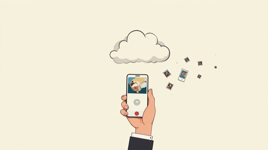 A hand holds a smartphone, uploading photos to a cloud storage icon, representing memory backup.