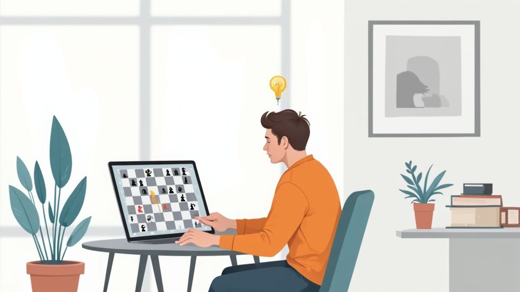 An illustration of a man solving a chess puzzle on a laptop, with a lightbulb icon above his head.