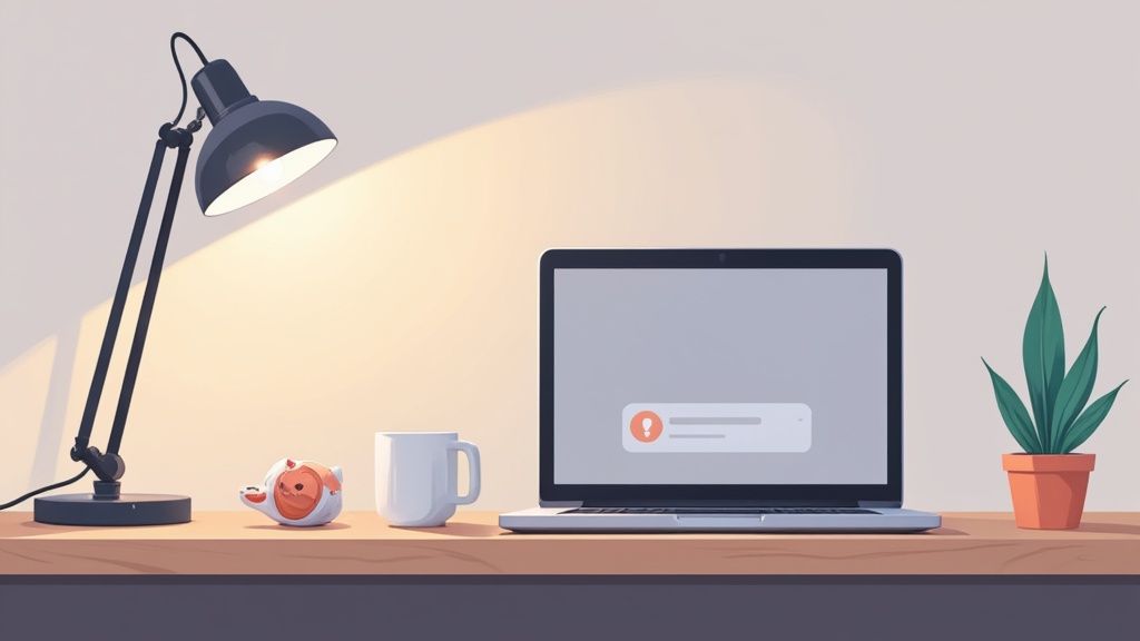 A minimalist desk setup features a laptop with a notification, a lit lamp, a mug, and a green plant.