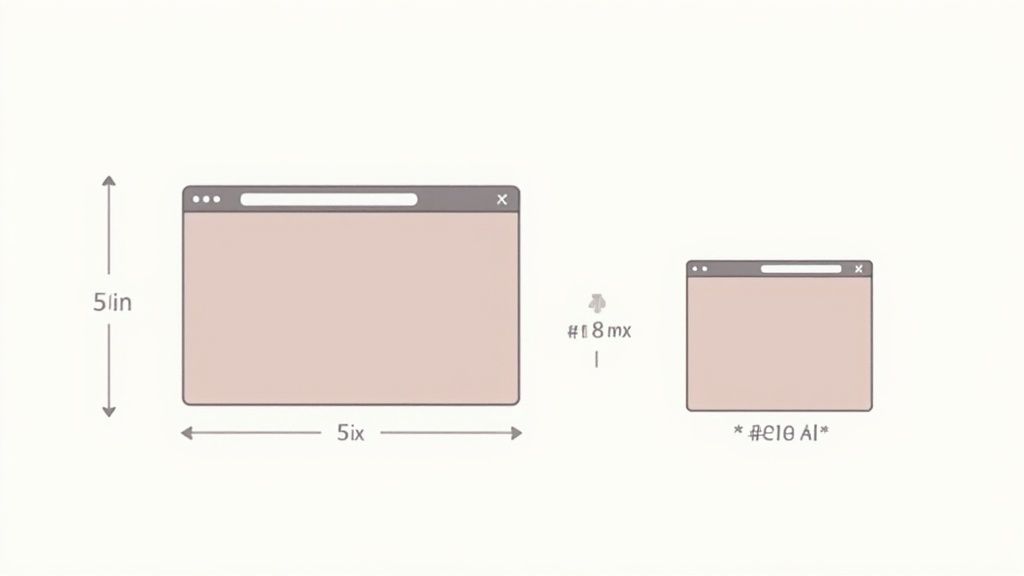 Two browser windows demonstrate size conversion, with one showing '5in' dimensions and another smaller.