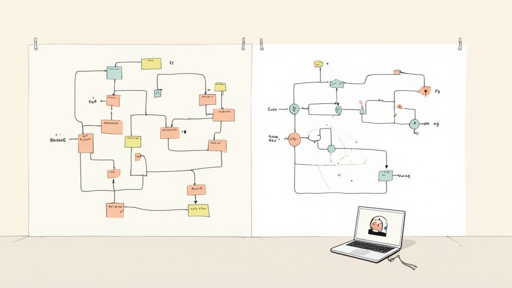 Cartoon illustration of two hand-drawn business flowcharts pinned on a wall above a laptop.