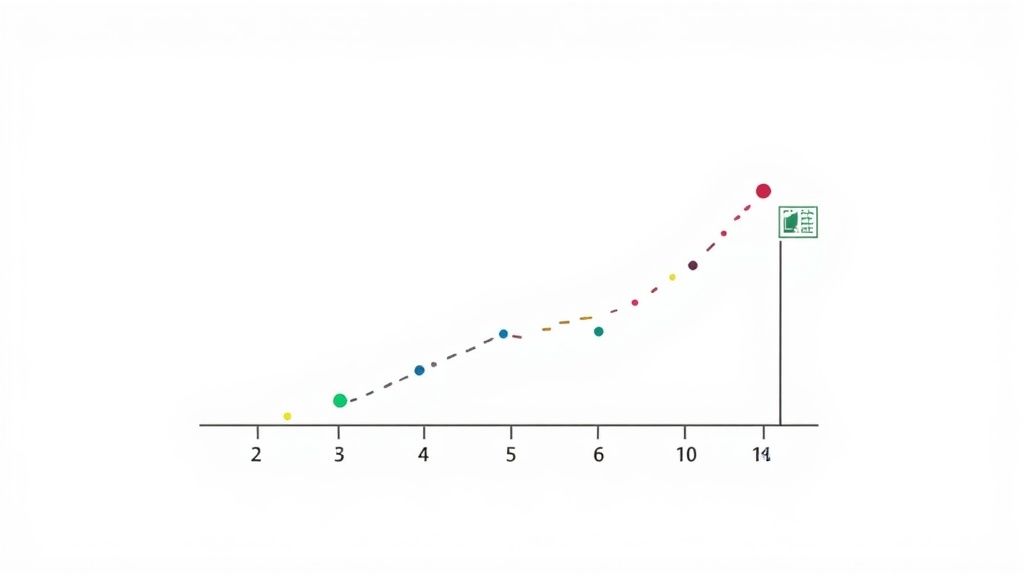 A line graph displays multicolored data points connected by dashed lines, showing an upward trend.