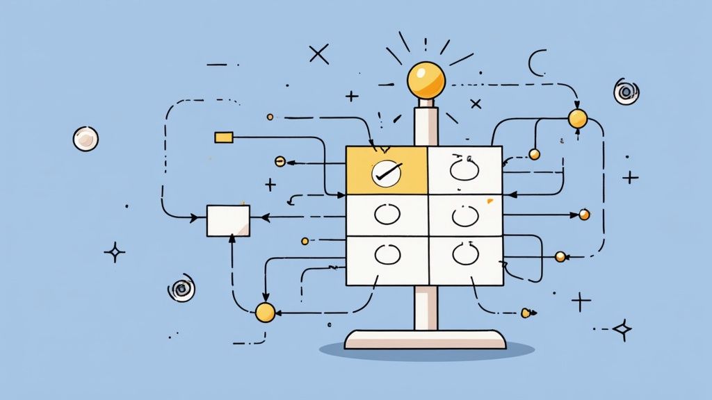 A conceptual diagram illustrating a complex logical problem-solving process with interconnected modules and an idea lightbulb.