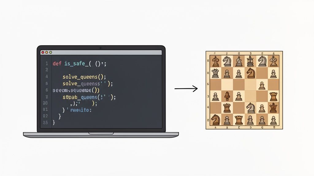 A laptop screen displays code related to a queens puzzle, with an arrow pointing to a chess board.