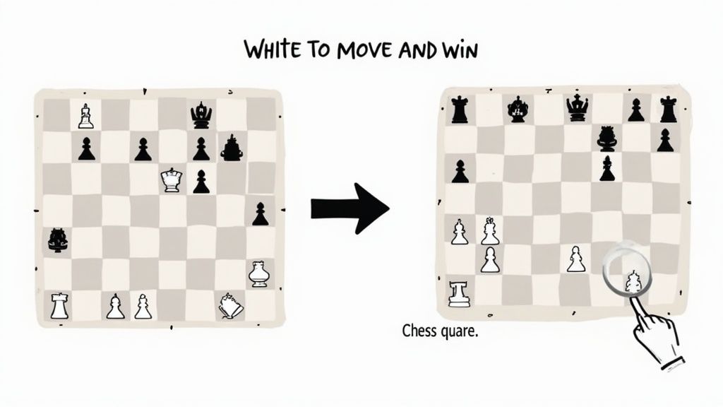 A hand-drawn chess puzzle demonstrating a white to move and win scenario with two board states.