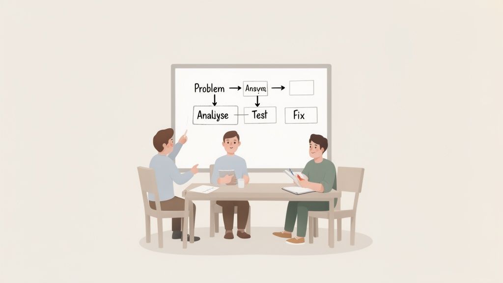 Three men collaborate on a problem-solving flowchart displayed on a whiteboard during a meeting.