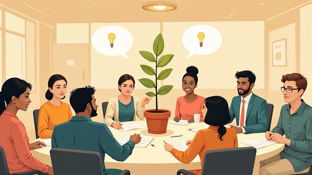 A diverse team of professionals brainstorming around a table with a plant and idea lightbulbs.