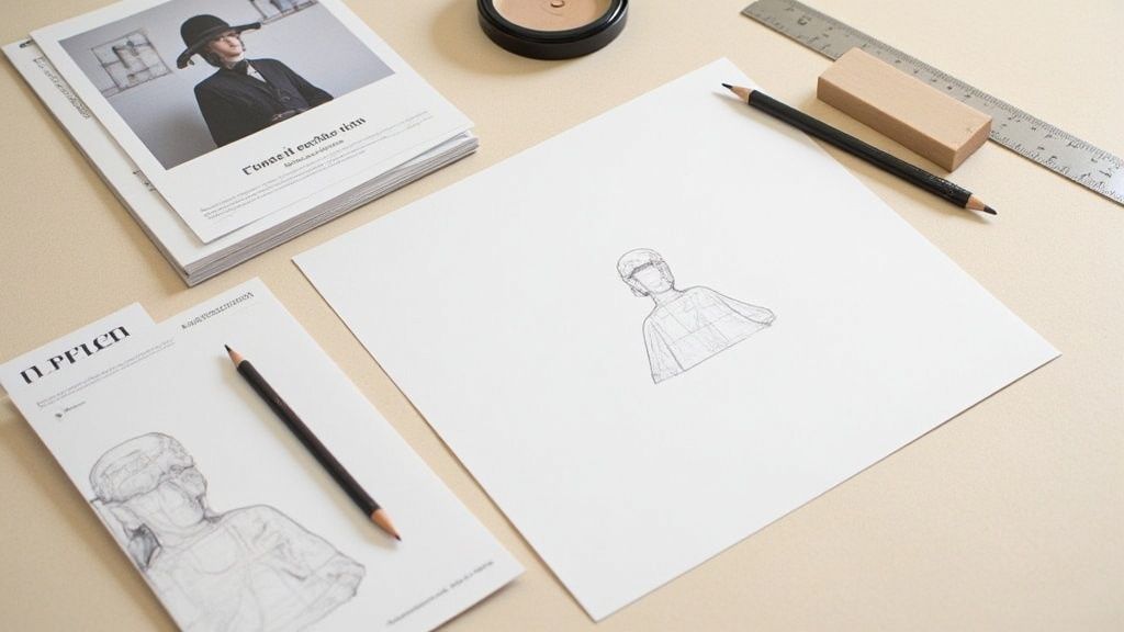 A desk with drawing tools, including a pencil, ruler, eraser, and sketches of human figures using a grid method.