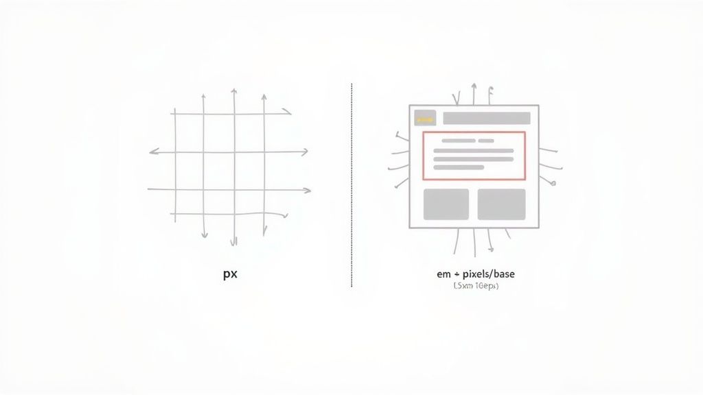 A diagram contrasting fixed pixel (px) units with responsive em units in web design.