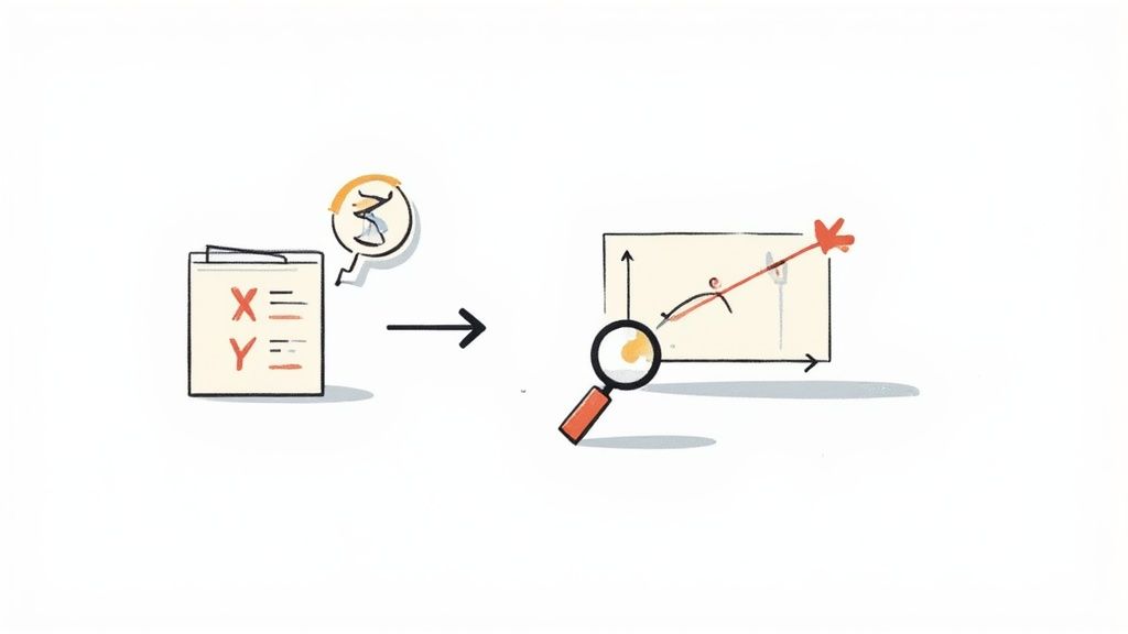 Illustration showing data X and Y being processed and visualized as a graph with interpolation and a magnifying glass.