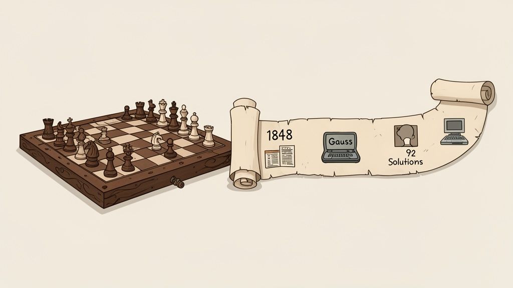 A chess board and a scroll outlining the history of the 8 Queens Problem, mentioning Gauss and 92 solutions.