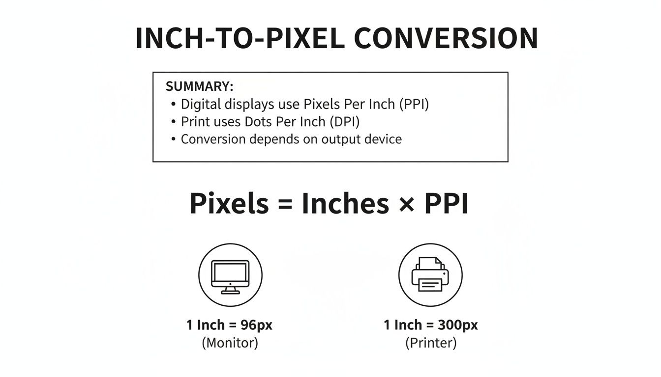 An infographic showing inch to pixel conversion, defining PPI, DPI, with examples for monitor and printer.