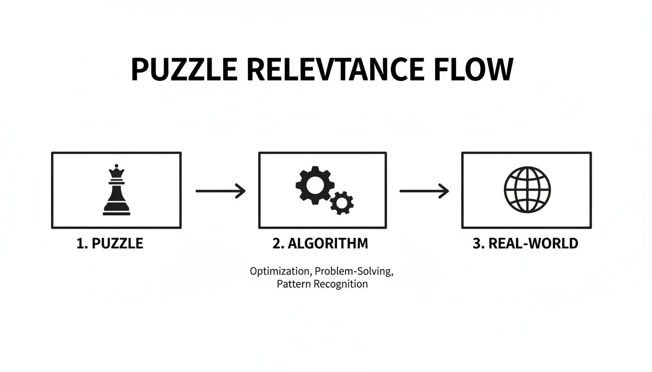 Flowchart showing the relevance of puzzles leading to algorithms and their application in the real world.
