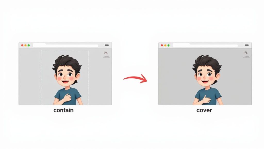 Illustration comparing 'contain' and 'cover' image scaling using a cartoon boy in browser windows.