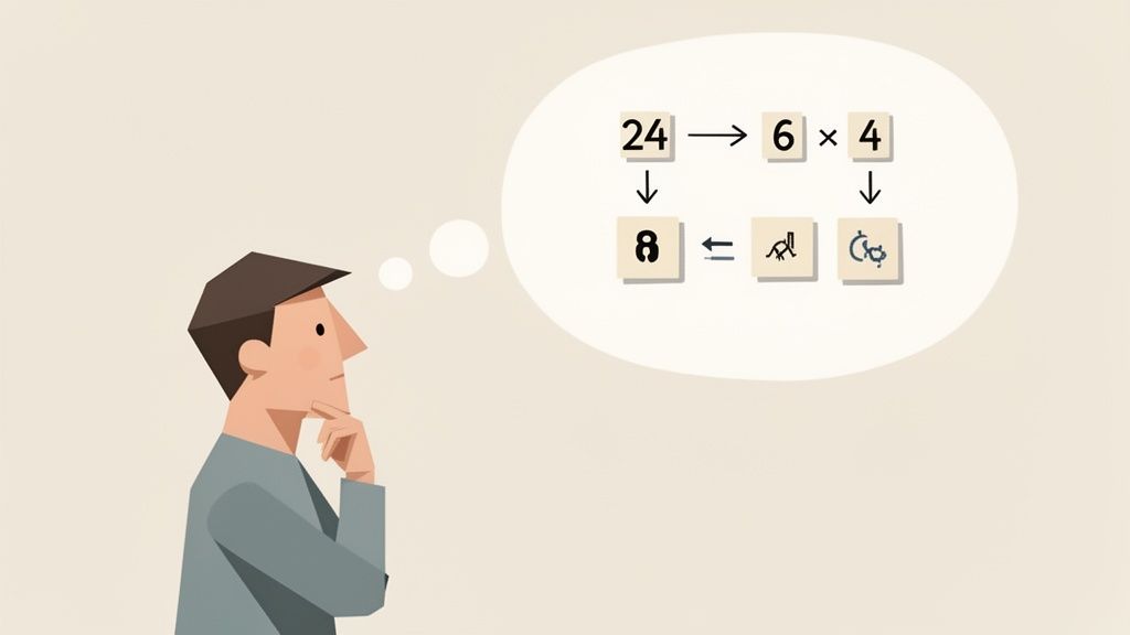 A man is thinking, with a thought bubble above his head showing a diagram for solving the 'Game 24'.