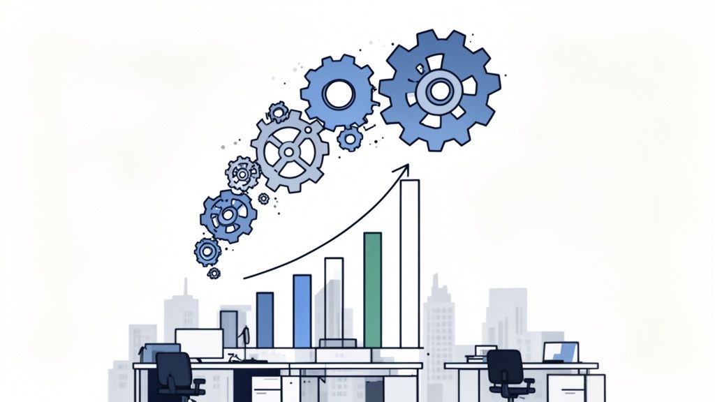 Interconnected blue gears drive an upward trending bar chart above an office and city skyline.