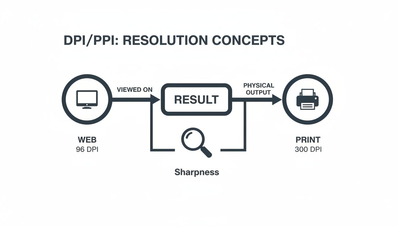 Flowchart explaining DPI/PPI resolution for web displays and print output, highlighting sharpness.