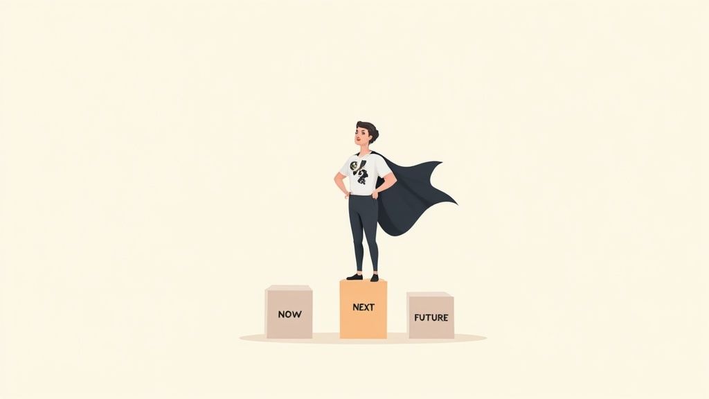 A confident person in a cape stands on a 'NEXT' block between 'NOW' and 'FUTURE' blocks, looking ahead.