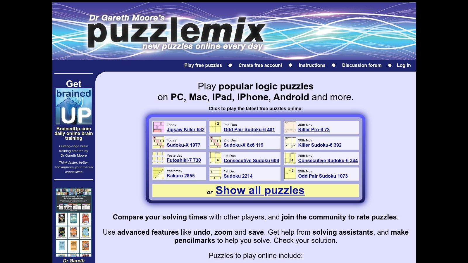 A screenshot of the Puzzlemix website featuring a Slitherlink puzzle, with a clean grid and solving tools on the side.