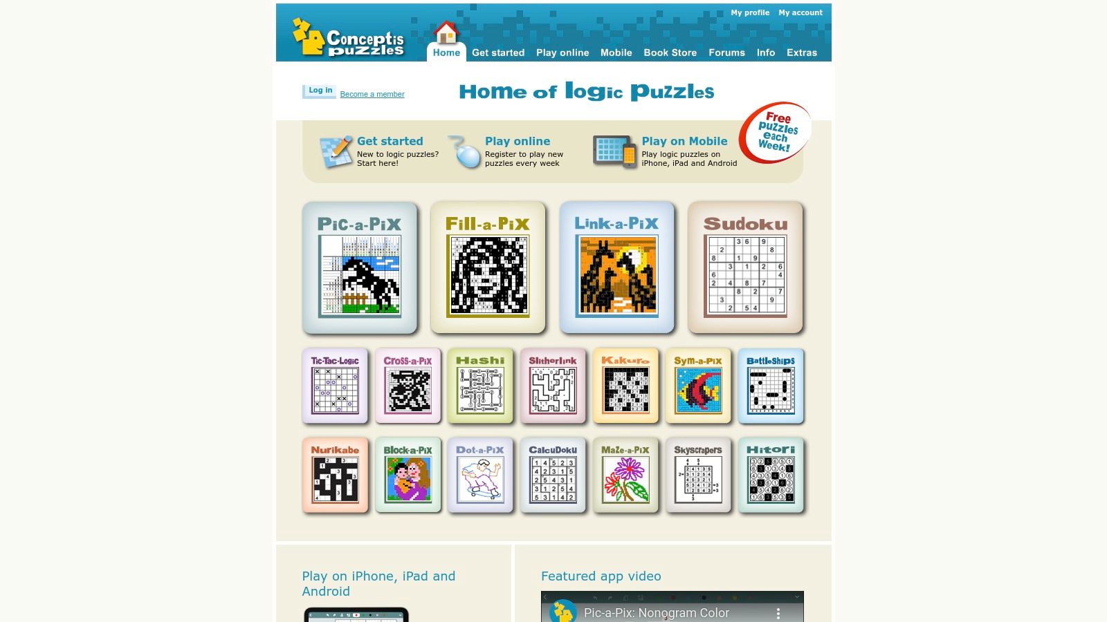 A screenshot of the Conceptis Puzzles website showing a Pic-a-Pix puzzle in progress, with a colourful image of a Toucan emerging from the grid.